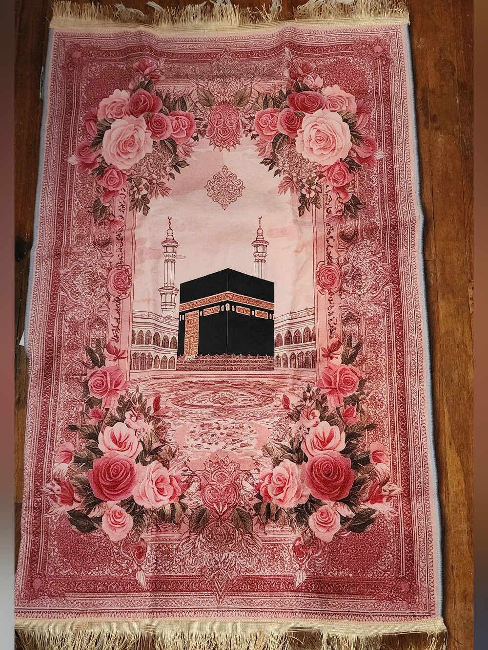 📿🌸Floral Pink prayer Rug with Kaaba Motif🌸